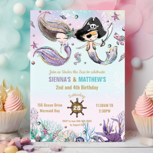 Invitation Mermaitres et Pirates jumeaux frères frères et soe