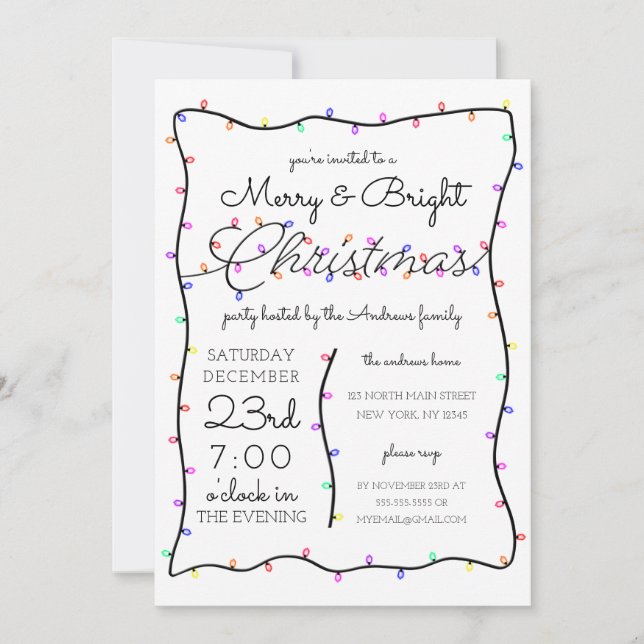 Invitation Merry and Bright Neon Glow Lights Border Christmas (Devant)