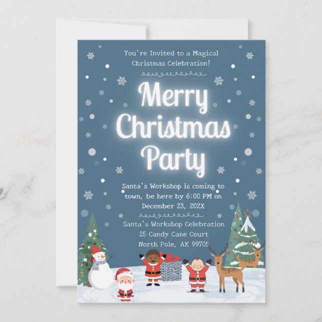 Invitation Merry Christmas Kids Party Santa Workshop Reindeer (Devant)