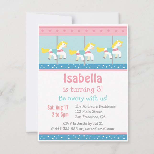 Invitation Merry Go Round, Carousel Anniversaire Fête Invitat (Devant)