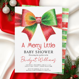 Invitation Merry Little Baby shower bow, snowflakes Christmas
