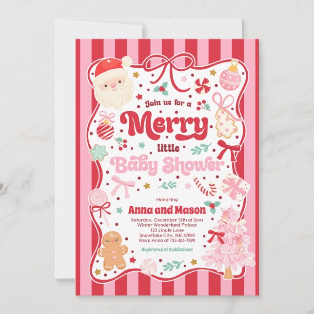 Invitation Merry Little Baby Shower Christmas Coquette Bow  (Devant)