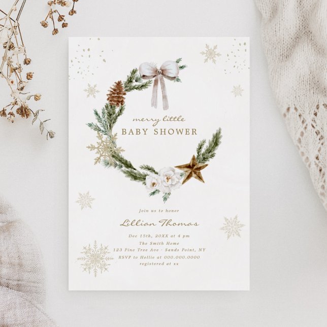 Invitation Merry Little Baby shower Neutral Bow Wreath (Créateur téléchargé)