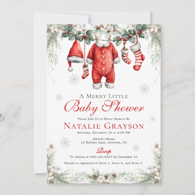 Invitation Merry Little Baby Shower Santa Clothesline (Devant)