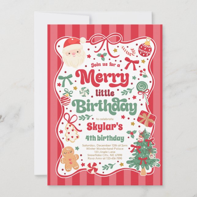 Invitation Merry Little Birthday Party Christmas Coquette Bow (Devant)