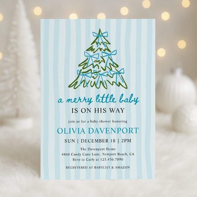 Invitation Merry Little Blue Bow Christmas Boy Baby Shower (Créateur téléchargé)