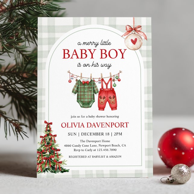 Invitation Merry Little Boy Gingham Christmas Baby Shower (Créateur téléchargé)