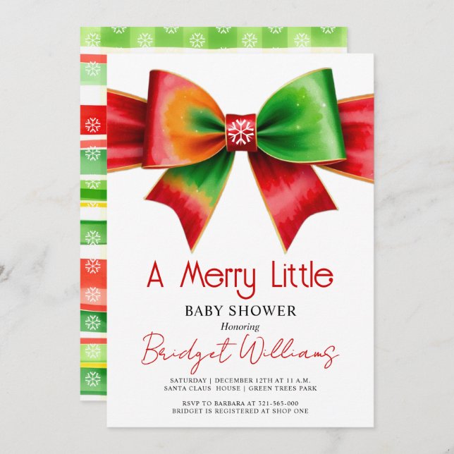 Invitation Merry Little Christmas Baby shower red, green bow (Devant / Derrière)