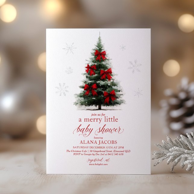 Invitation Merry Little Christmas Baby Shower Xmas Tree (Merry Little Baby Shower! Christmas themed Baby Shower invitation with tree and red bows)