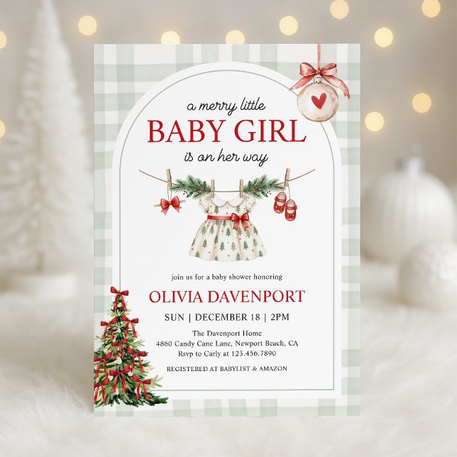 Invitation Merry Little Girl Gingham Christmas Baby Shower (Créateur téléchargé)