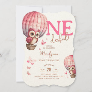 Invitation Merveilleux Ballon à Air Chaud Hibou Rose pour 1er