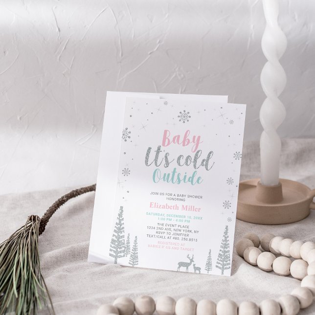 Invitation Merveilleux Bébé Hiver Argent, Rose & Menthe (Créateur téléchargé)