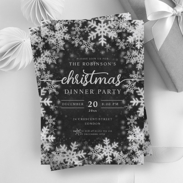 Invitation Merveilleux hiver argent moderne Noël noir (Modern Silver Winter Wonderland Christmas Black Invitation)