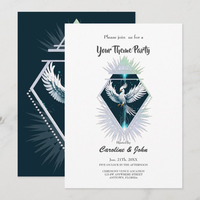 Invitation Merveilleux imaginaire blanc phoenix. (Devant / Derrière)