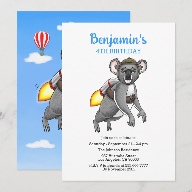 Invitation Merveilleux Koala Fusée (Devant / Derrière)