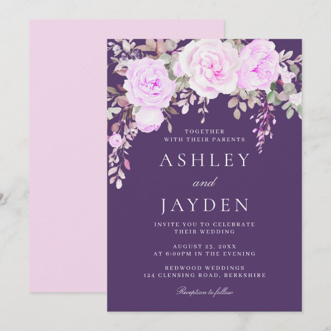 Invitation Merveilleux Mariage Floral Violet & Violet (Devant / Derrière)