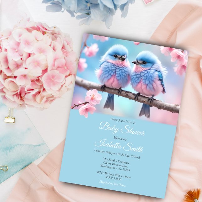 Invitation  Merveilleux Oiseaux Bleus et Bébé Fleur de Cerisi (A sweet baby shower invitation for twins or gender reveal party!)