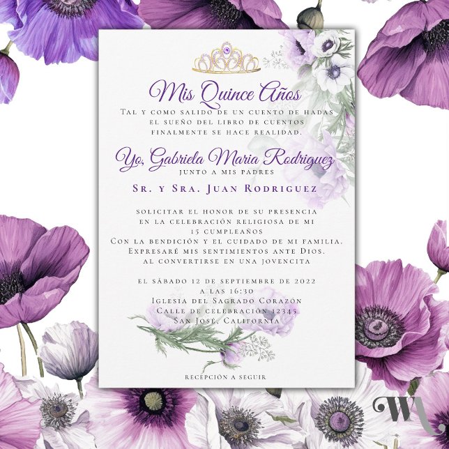Invitation Mes Quinze Ans Modernes (Hermosa invitación de Quince años de Amapolas Lilas -Beautiful Lilac Poppies Quince Años invitation )