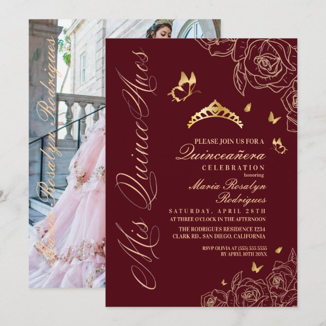 Invitation Mes Quinze Ans Rouge et Or Floral (Devant / Derrière)