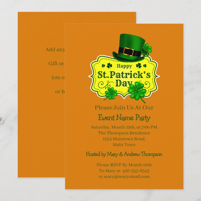 Invitation Message de Votre Nom St Patricks Day Trèfle Vert (Devant / Derrière)