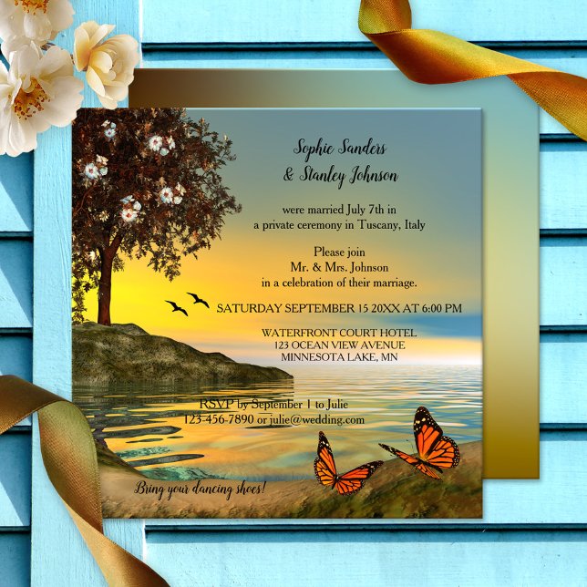 Invitation Message romantique papillon ou après mariage Invit (Wedding reception only invitation featuring a sunset at a lake with butterflies and blossoming tree)