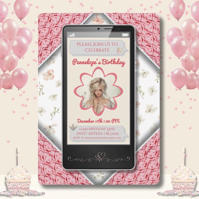 Invitation Message Textuel Fleur Rose Jeunesse Anniversaire (Youthful Pink Floral Text Message Birthday Invitation)