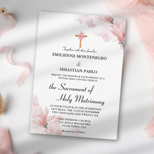 Invitation Messe de Mariage Catholique Florale Rose Pâle Élég (Créateur téléchargé)