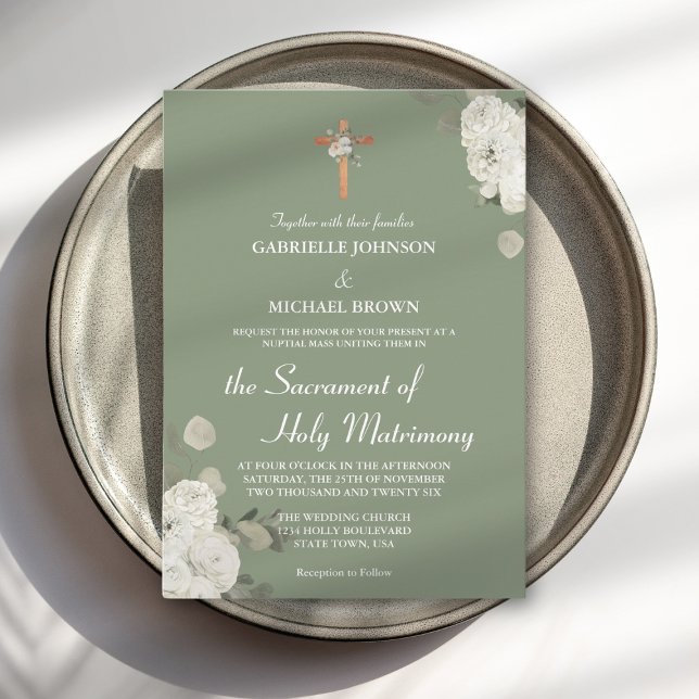 Invitation Messe de Mariage Catholique Florale Vert Sauge Dou (Créateur téléchargé)
