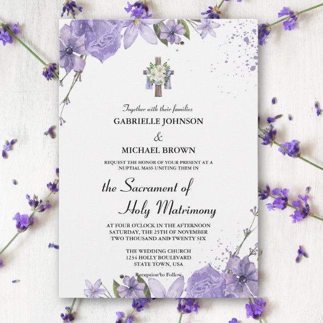 Invitation Messe de Mariage Élégante Fleurie Violette sur Fon (Créateur téléchargé)