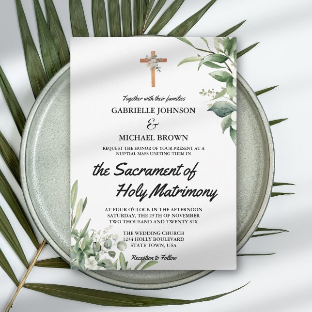 Invitation Messe de mariage florale verte douce élégante blan (Créateur téléchargé)