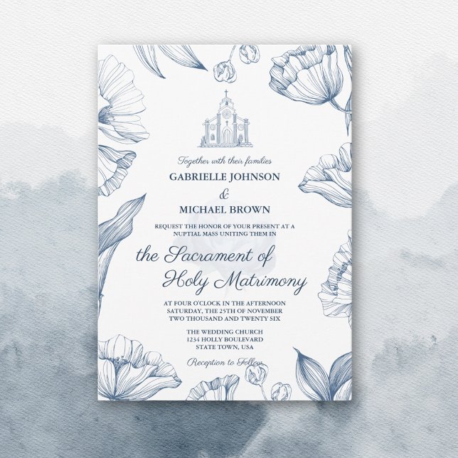 Invitation Messe de mariage nuptiale florale bleue élégante d (Créateur téléchargé)