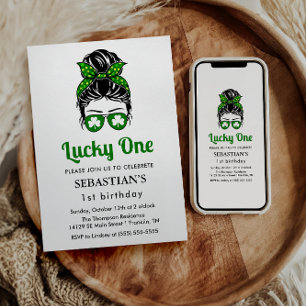 Invitation Messy Bun Lucky One 1st Birthday Girl