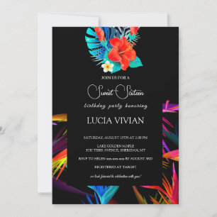Invitation Messy Colorful Tropical Floral Black Base Sweet 16