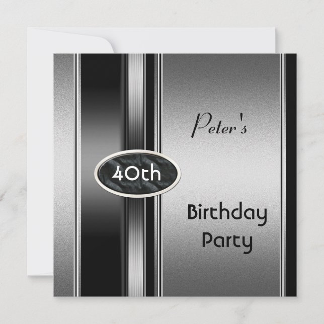 Invitation Métal Argent Blanc Mens 40e anniversaire de fête H (Devant)