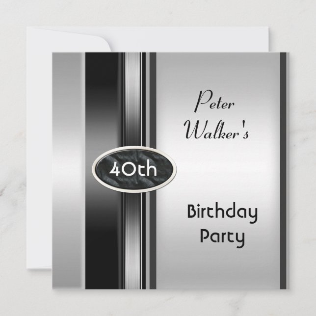 Invitation Métal Argent Blanc Mens 40e anniversaire de fête H (Devant)