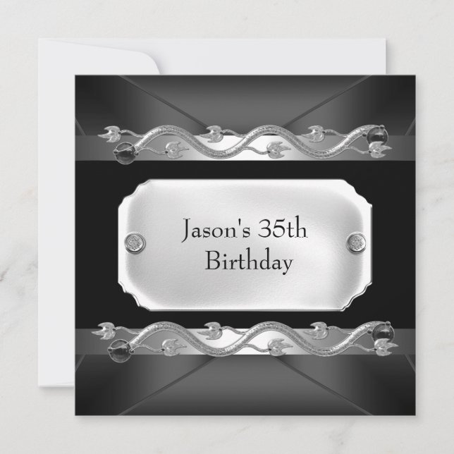 Invitation Metal Chrome Noir Argent Hommes 35e Anniversaire (Devant)