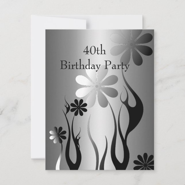 Invitation Métal Chrome Noir Blanc Style Argent 40e Floral (Devant)