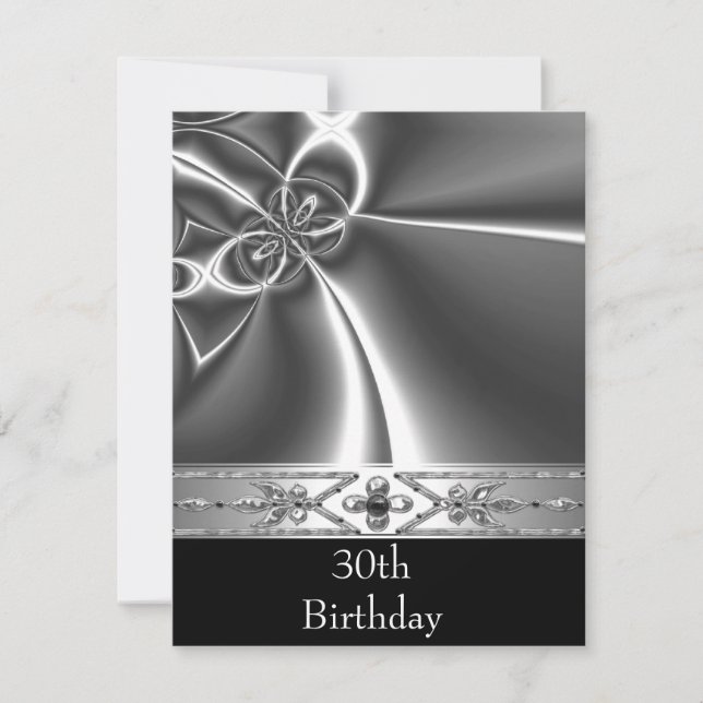 Invitation Métal Chrome Noir Style Argent 30ème (Devant)