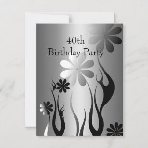 Invitation Métal Chrome noir style blanc Argent 40ème Floral