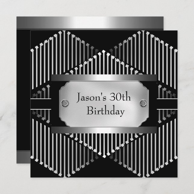 Invitation Métal Chrome noir style blanc argent Mens 30ème (Devant / Derrière)