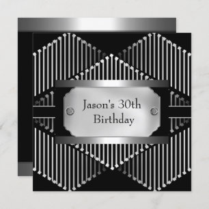 Invitation Métal Chrome noir style blanc argent Mens 30ème
