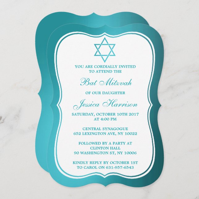 Invitation Metallic Turquoise Étoile Juive De David Bat mitzv (Devant / Derrière)
