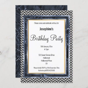 INVITATION MÉTALLIQUE FOIL BLUE LAYER CHEVRON ANNIVERSAIRE