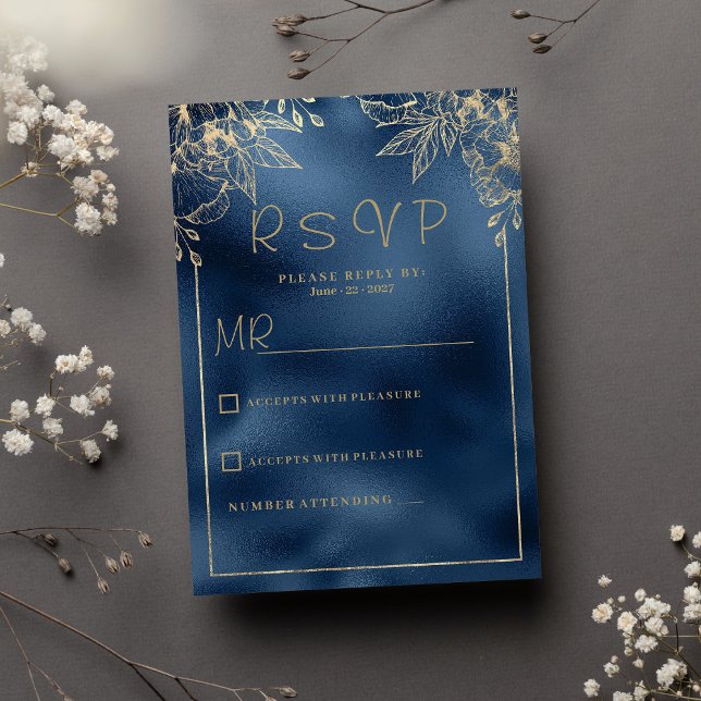 Invitation Métallurgique bleu marine gradient or floral RSVP (Metallic navy blue gradient gold floral RSVP )