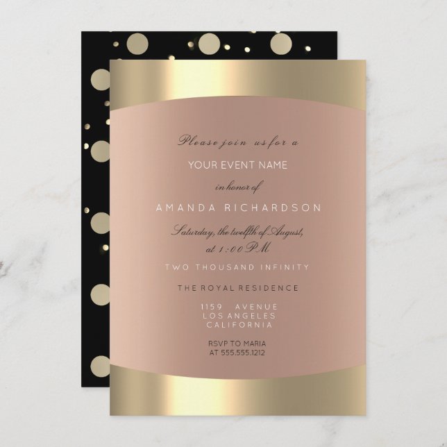 Invitation Métallurgique Pois Black Sepia Rose Blush (Devant / Derrière)