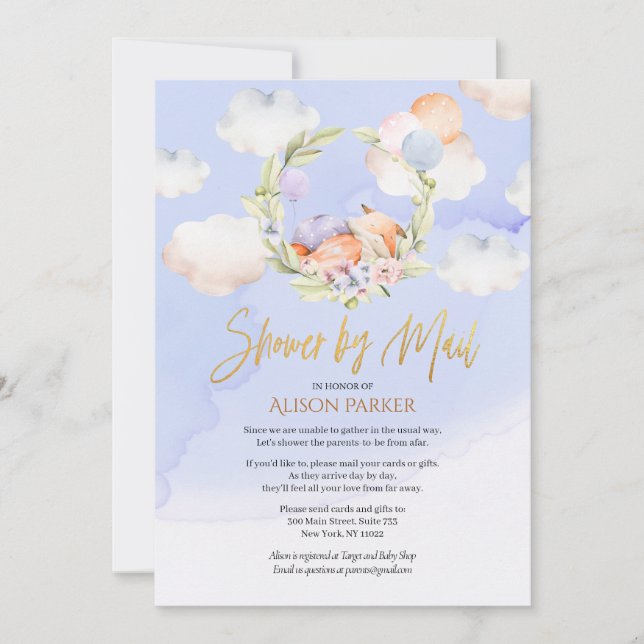 Invitation Mete Woodland Fox Blue Sky Baby shower par courrie (Devant)