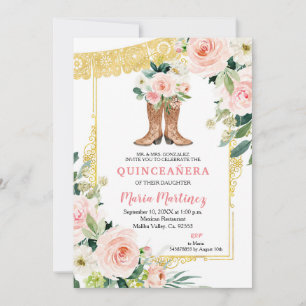 Invitation Mexicain Charro Boots rose et or Quinceañera