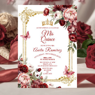 Invitation Mexicain Elégant Roses Rouges Papillon Quinceañera