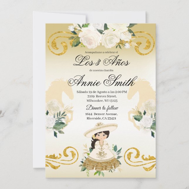 Invitation Mexicain Espagnol 3 ans Fille Charra Or (Devant)