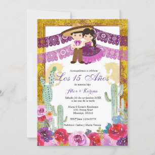 Invitation Mexicain Twin Anniversaire Cactus violet Floral